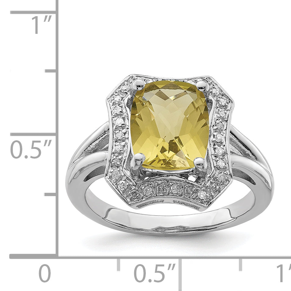 Sterling Silver Rhodium Checker-Cut Lemon Quartz & Diamond Ring