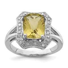 Sterling Silver Rhodium Checker-Cut Lemon Quartz & Diamond Ring