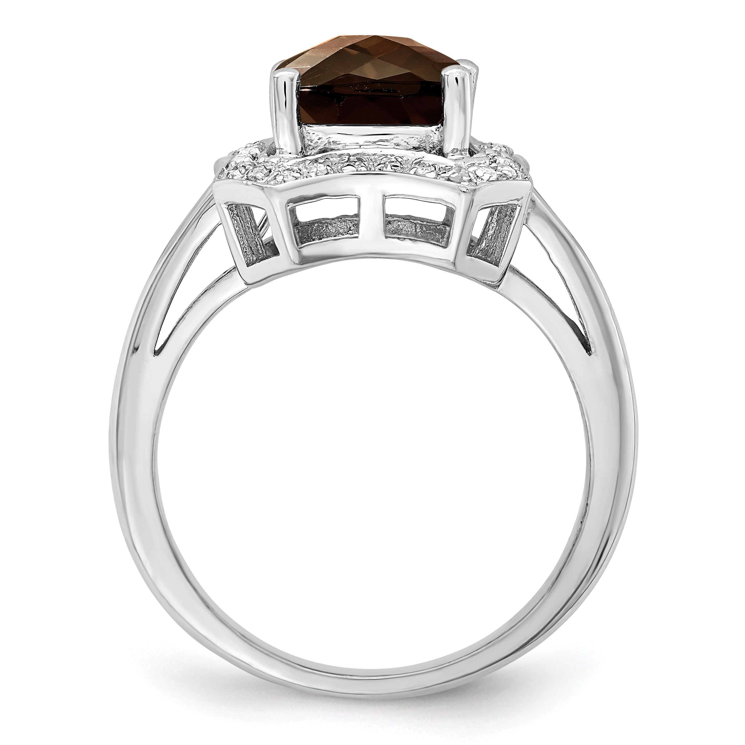 Sterling Silver Rhodium Checker-Cut Smoky Quartz & Diamond Ring