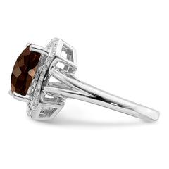 Sterling Silver Rhodium Checker-Cut Smoky Quartz & Diamond Ring