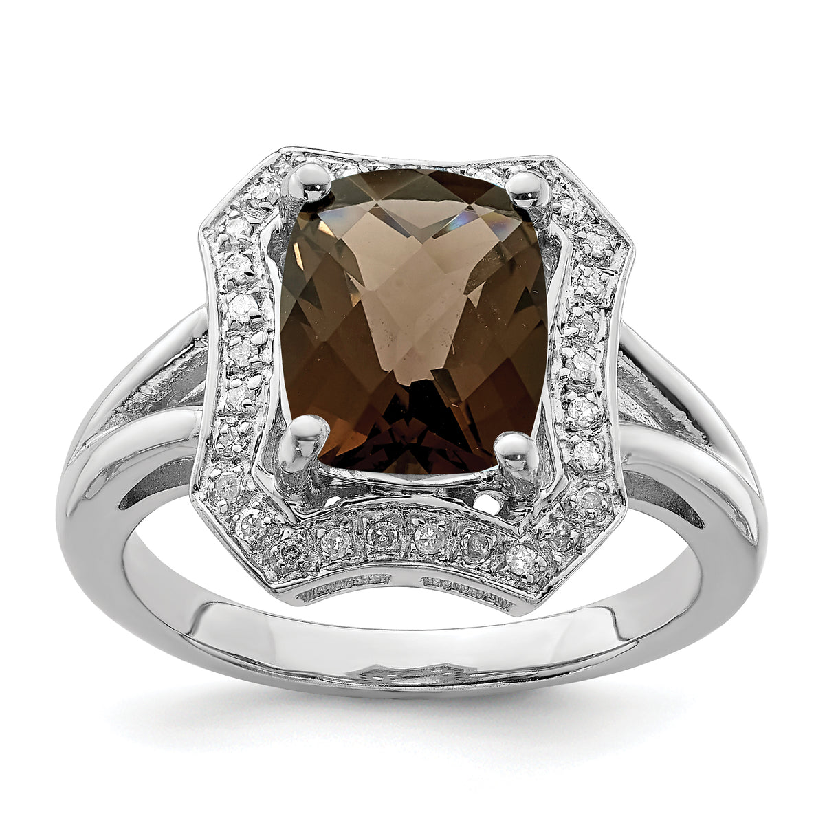 Sterling Silver Rhodium Checker-Cut Smoky Quartz & Diamond Ring