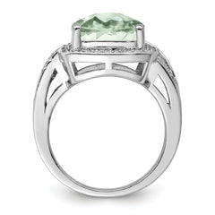 Sterling Silver Rhodium Checker-Cut Green Quartz & Diamond Ring