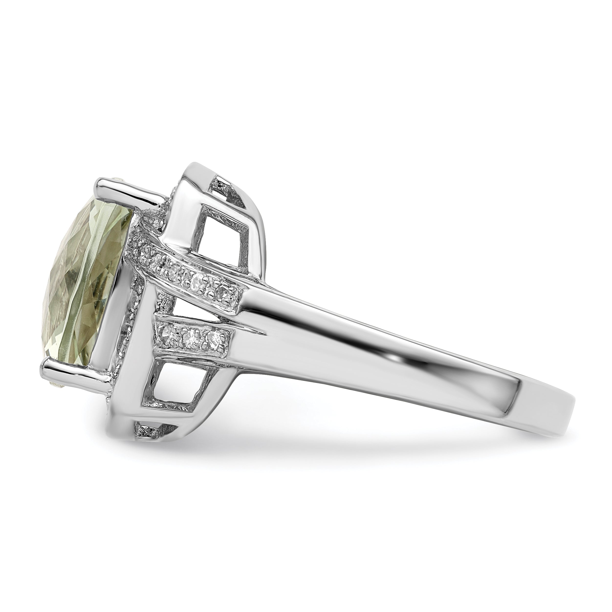 Sterling Silver Rhodium Checker-Cut Green Quartz & Diamond Ring