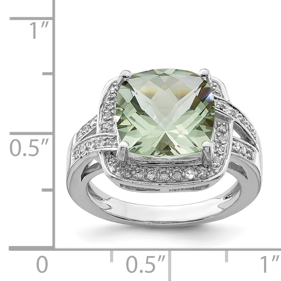 Sterling Silver Rhodium Checker-Cut Green Quartz & Diamond Ring