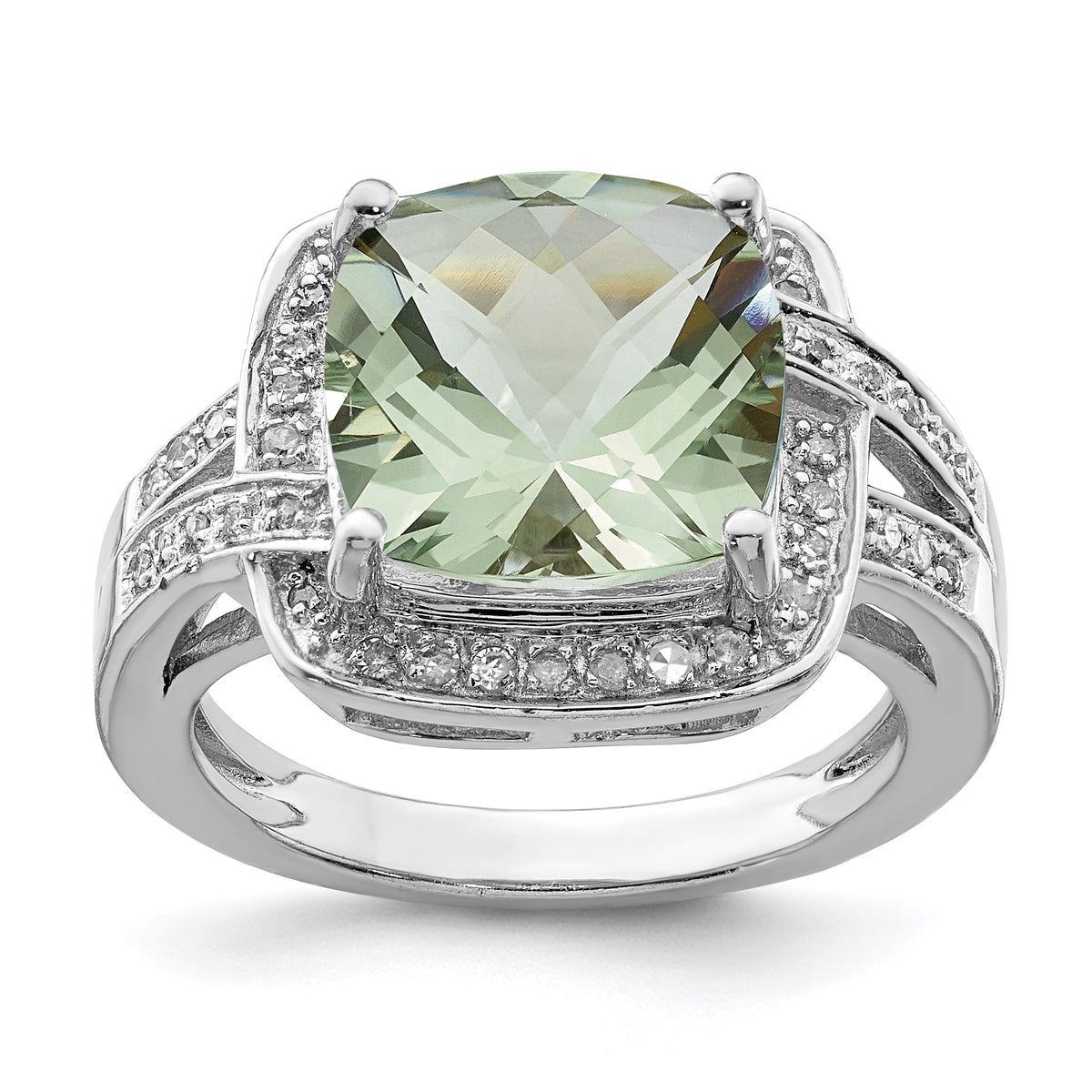 Sterling Silver Rhodium Checker-Cut Green Quartz & Diamond Ring