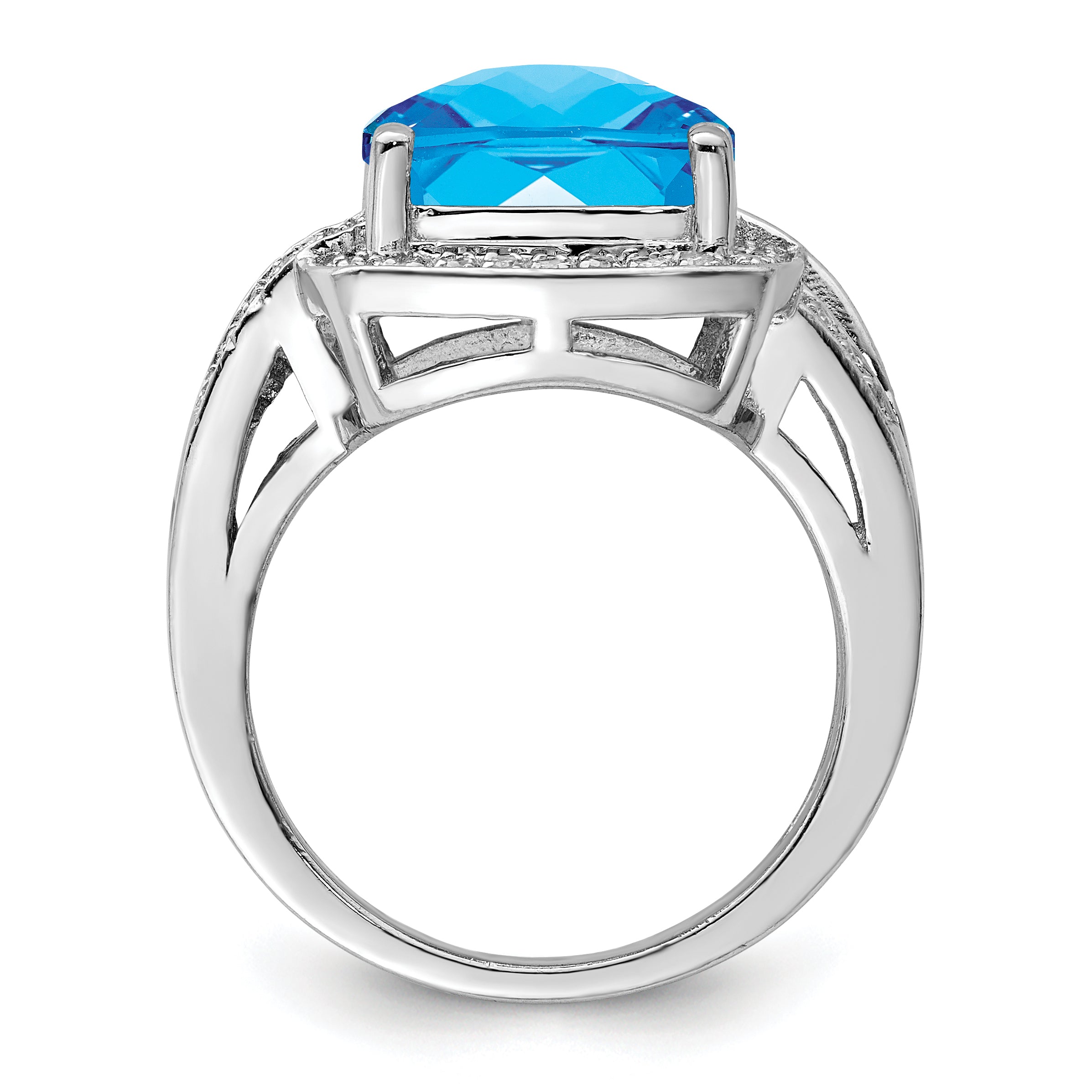 Sterling Silver Rhodium Checker-Cut Swiss Blue Topaz & Diamond Ring