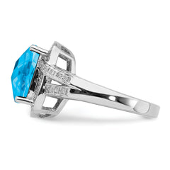 Sterling Silver Rhodium Checker-Cut Swiss Blue Topaz & Diamond Ring