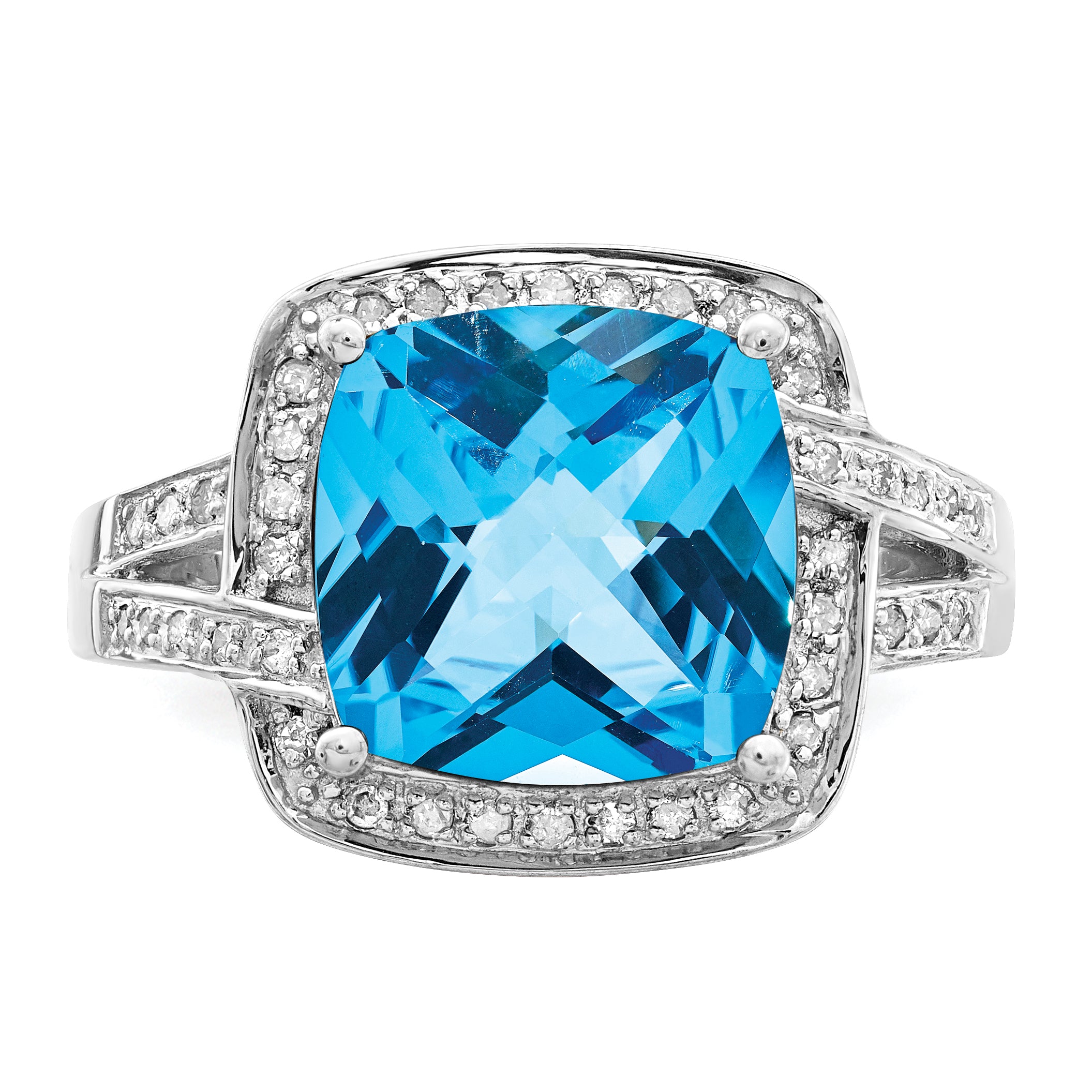 Sterling Silver Rhodium Checker-Cut Swiss Blue Topaz & Diamond Ring