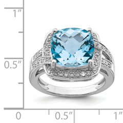 Sterling Silver Rhodium Checker-Cut Swiss Blue Topaz & Diamond Ring