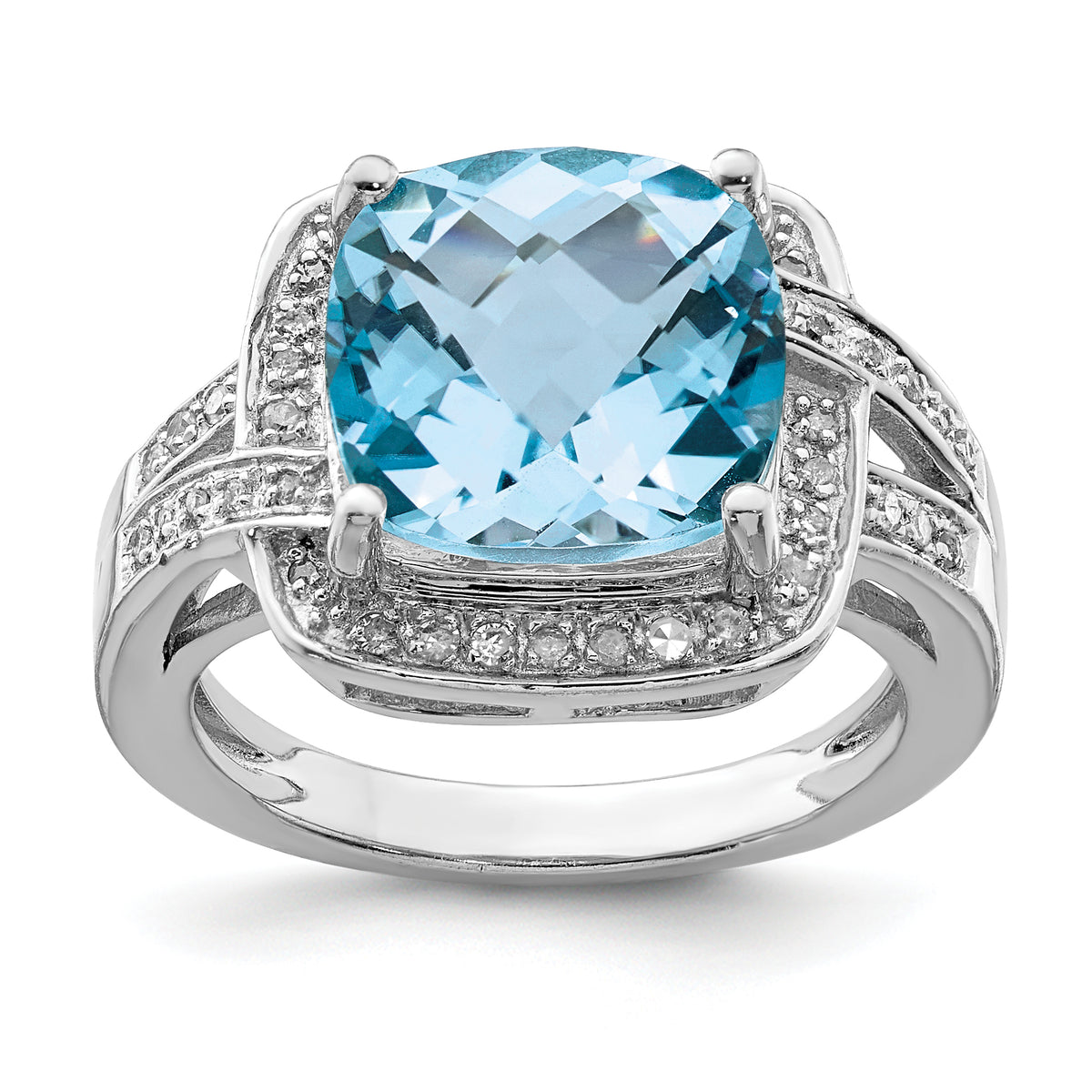 Sterling Silver Rhodium Checker-Cut Swiss Blue Topaz & Diamond Ring