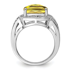 Sterling Silver Rhodium Checker-Cut Lemon Quartz & Diamond Ring