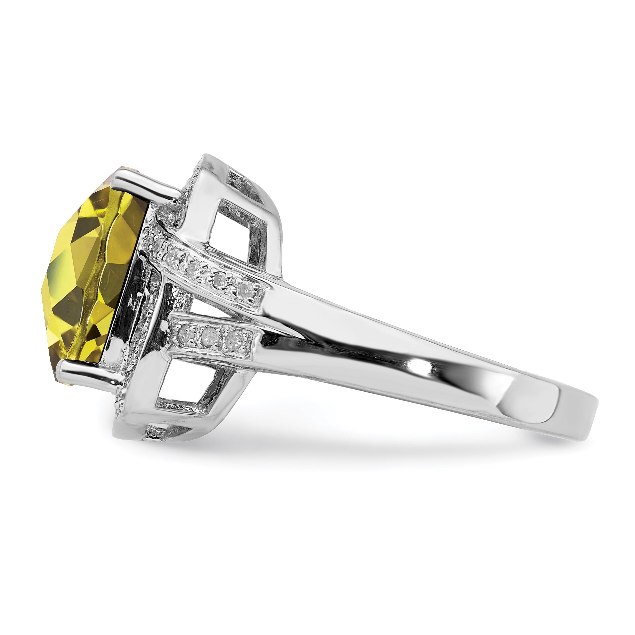 Sterling Silver Rhodium Checker-Cut Lemon Quartz & Diamond Ring