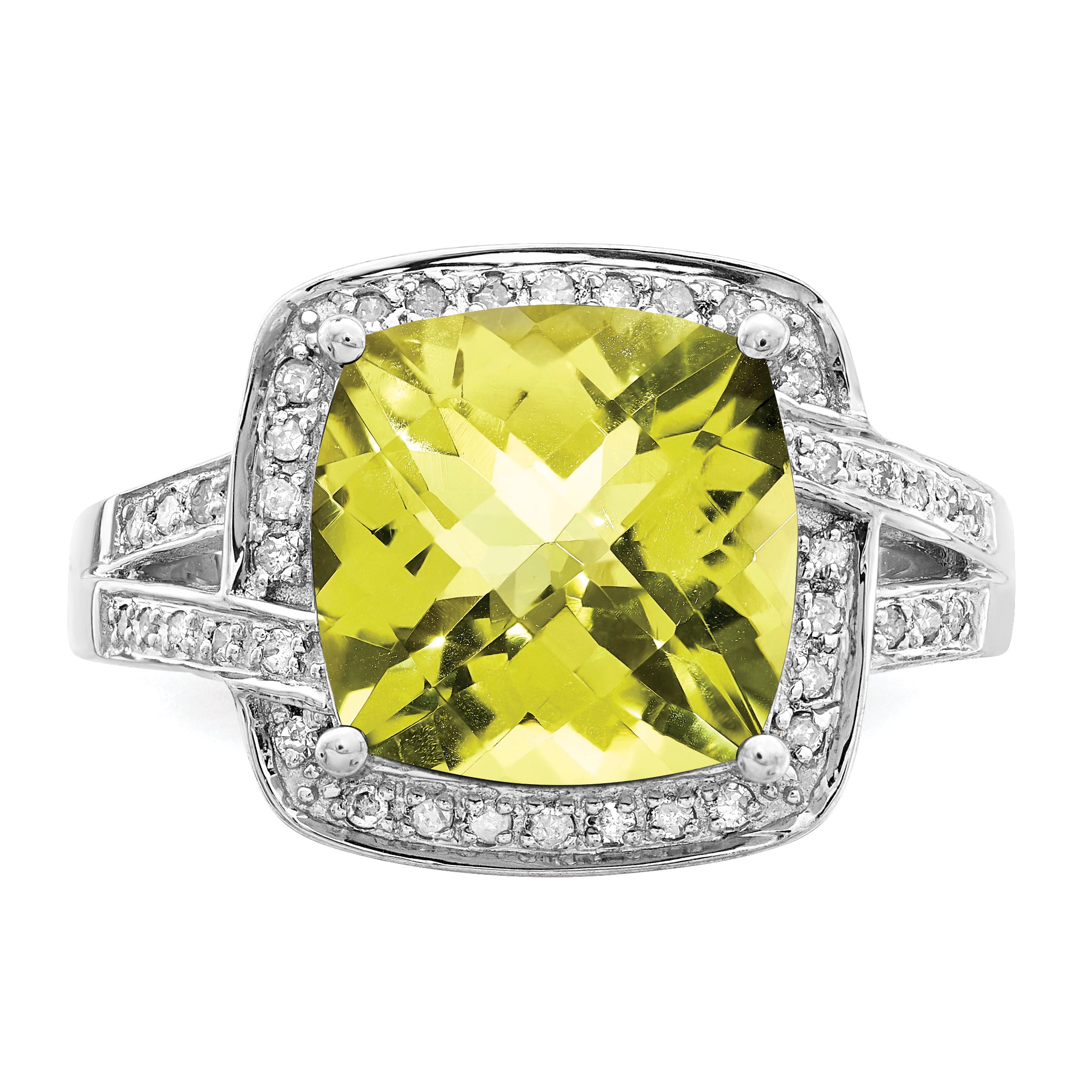 Sterling Silver Rhodium Checker-Cut Lemon Quartz & Diamond Ring