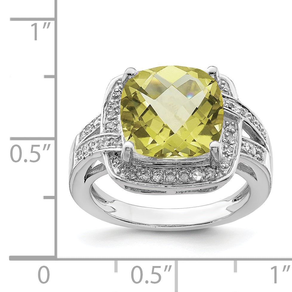 Sterling Silver Rhodium Checker-Cut Lemon Quartz & Diamond Ring