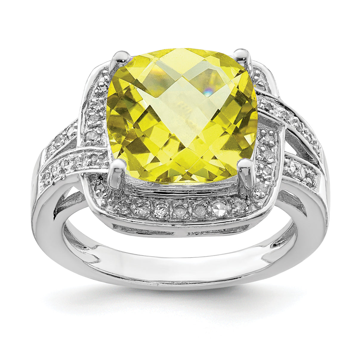 Sterling Silver Rhodium Checker-Cut Lemon Quartz & Diamond Ring