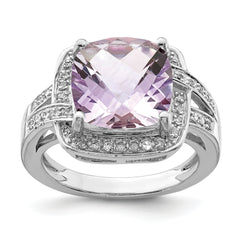 Sterling Silver Rhodium Checker-Cut Pink Quartz & Diamond Ring