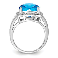 Sterling Silver Rhodium Checker-Cut Swiss Blue Topaz & Diamond Ring