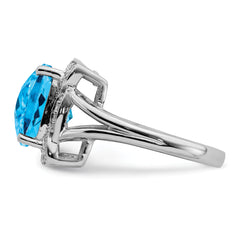 Sterling Silver Rhodium Checker-Cut Swiss Blue Topaz & Diamond Ring