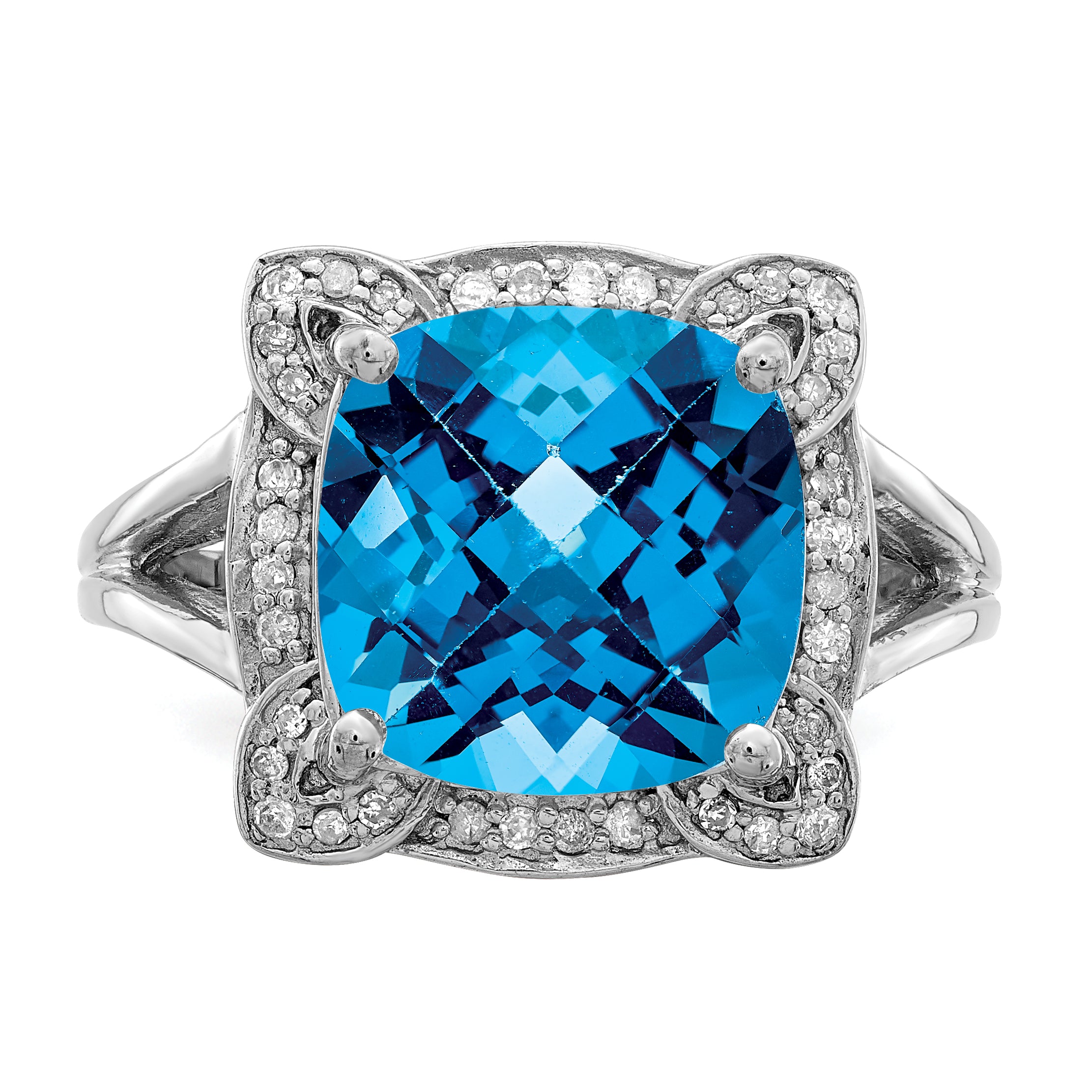 Sterling Silver Rhodium Checker-Cut Swiss Blue Topaz & Diamond Ring