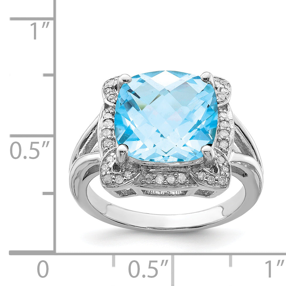 Sterling Silver Rhodium Checker-Cut Swiss Blue Topaz & Diamond Ring