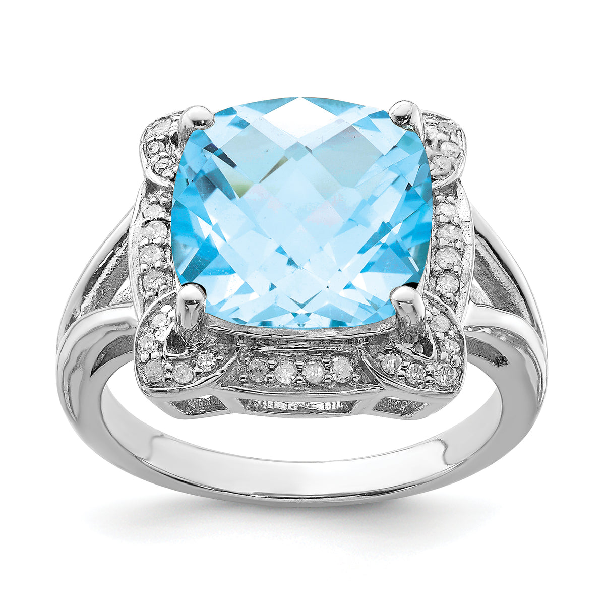 Sterling Silver Rhodium Checker-Cut Swiss Blue Topaz & Diamond Ring