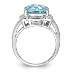 Sterling Silver Rhodium Checker-Cut Sky Blue Topaz & Diamond Ring