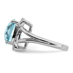 Sterling Silver Rhodium Checker-Cut Sky Blue Topaz & Diamond Ring