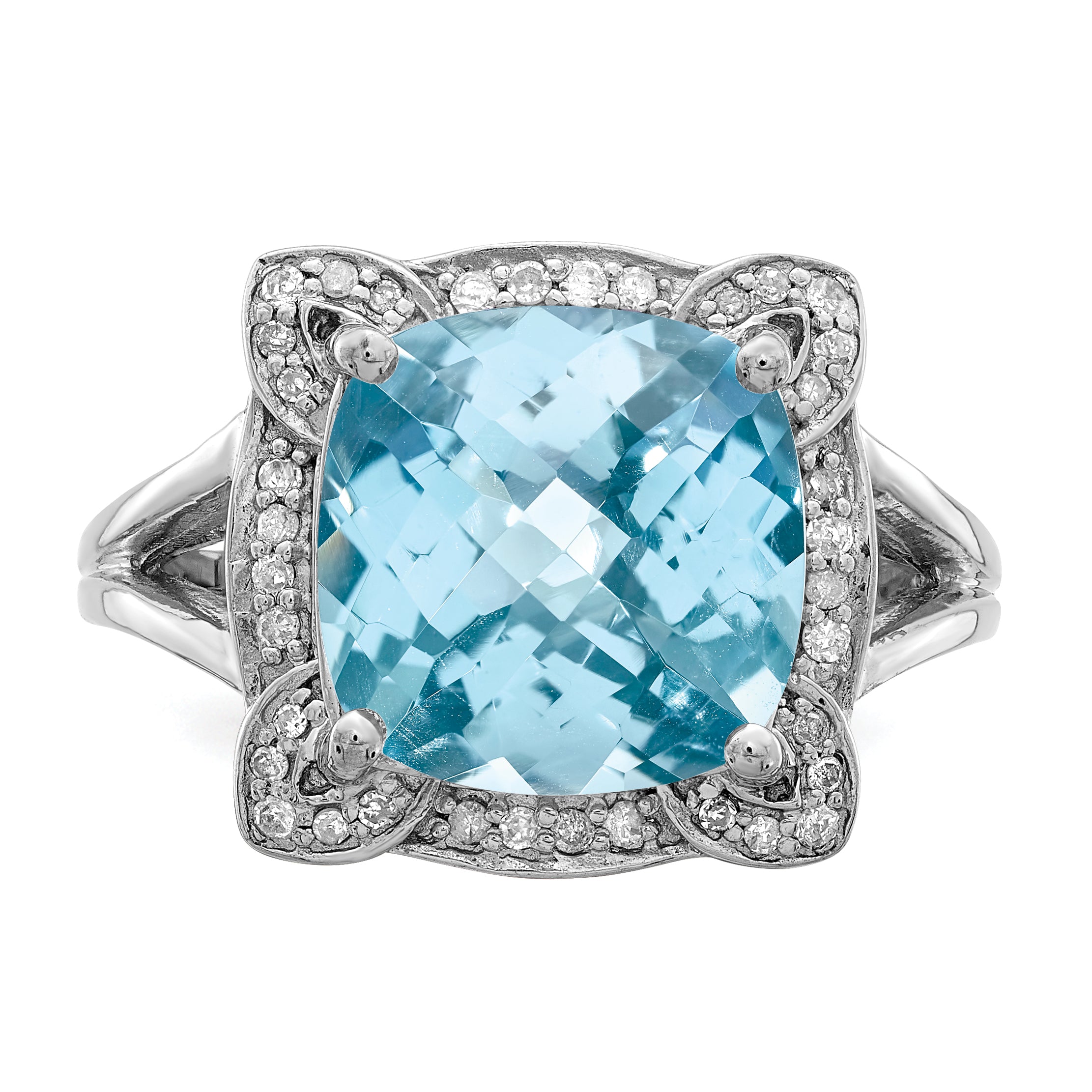 Sterling Silver Rhodium Checker-Cut Sky Blue Topaz & Diamond Ring