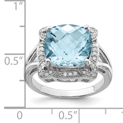 Sterling Silver Rhodium Checker-Cut Sky Blue Topaz & Diamond Ring