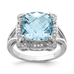 Sterling Silver Rhodium Checker-Cut Sky Blue Topaz & Diamond Ring