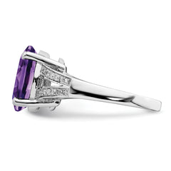 Sterling Silver Rhodium-plated Oval Amethyst & Diamond Ring