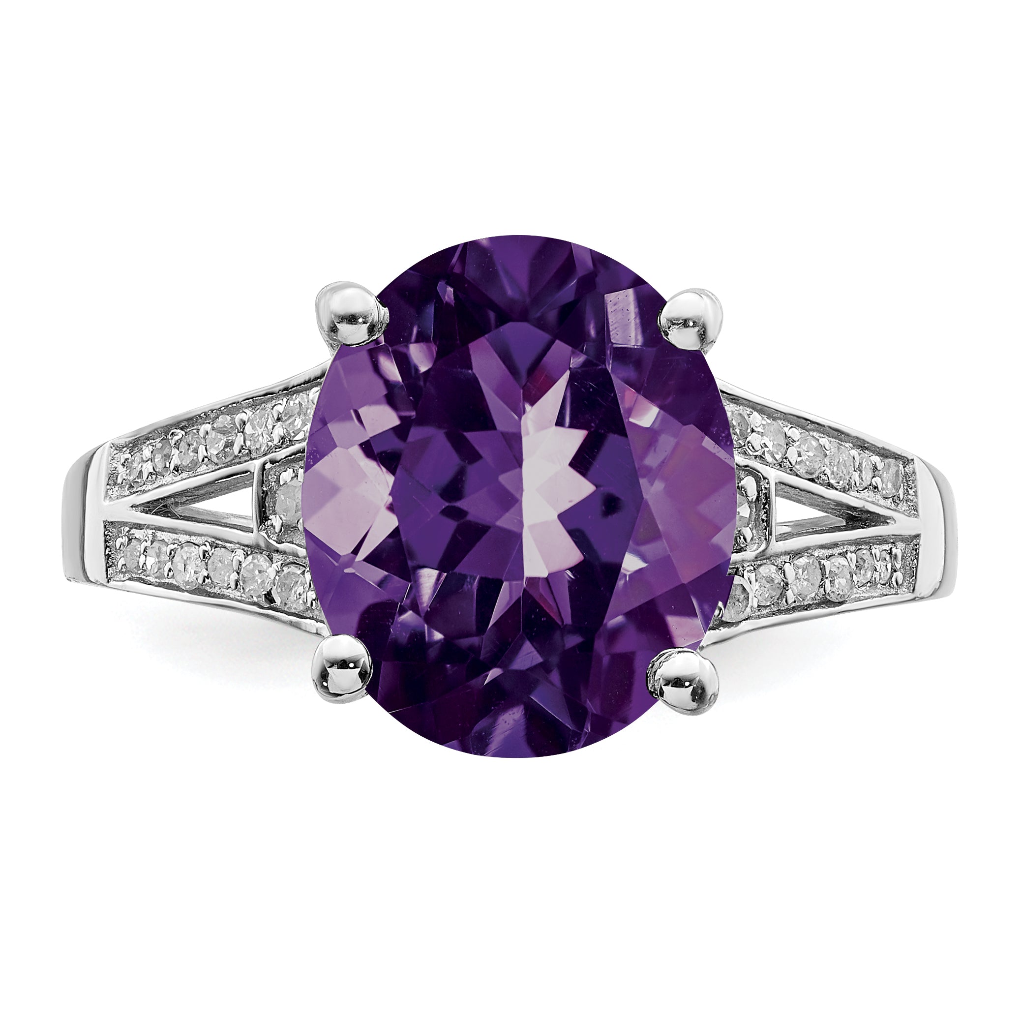 Sterling Silver Rhodium-plated Oval Amethyst & Diamond Ring