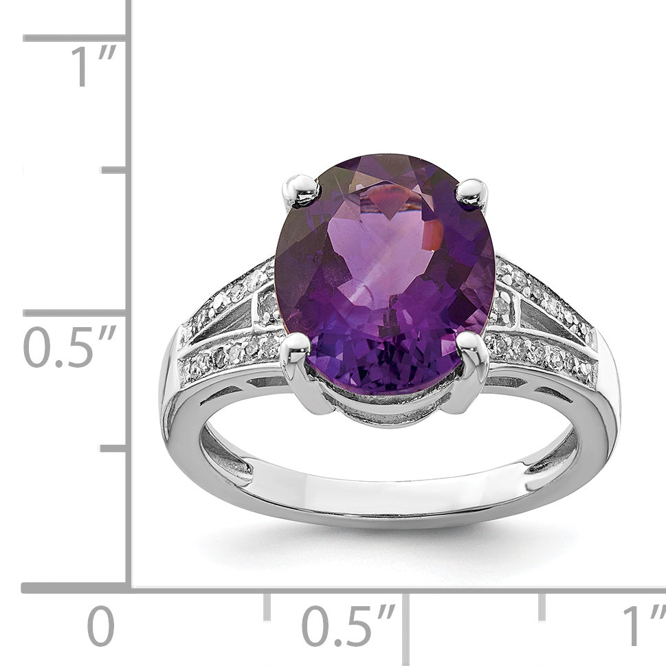 Sterling Silver Rhodium-plated Oval Amethyst & Diamond Ring