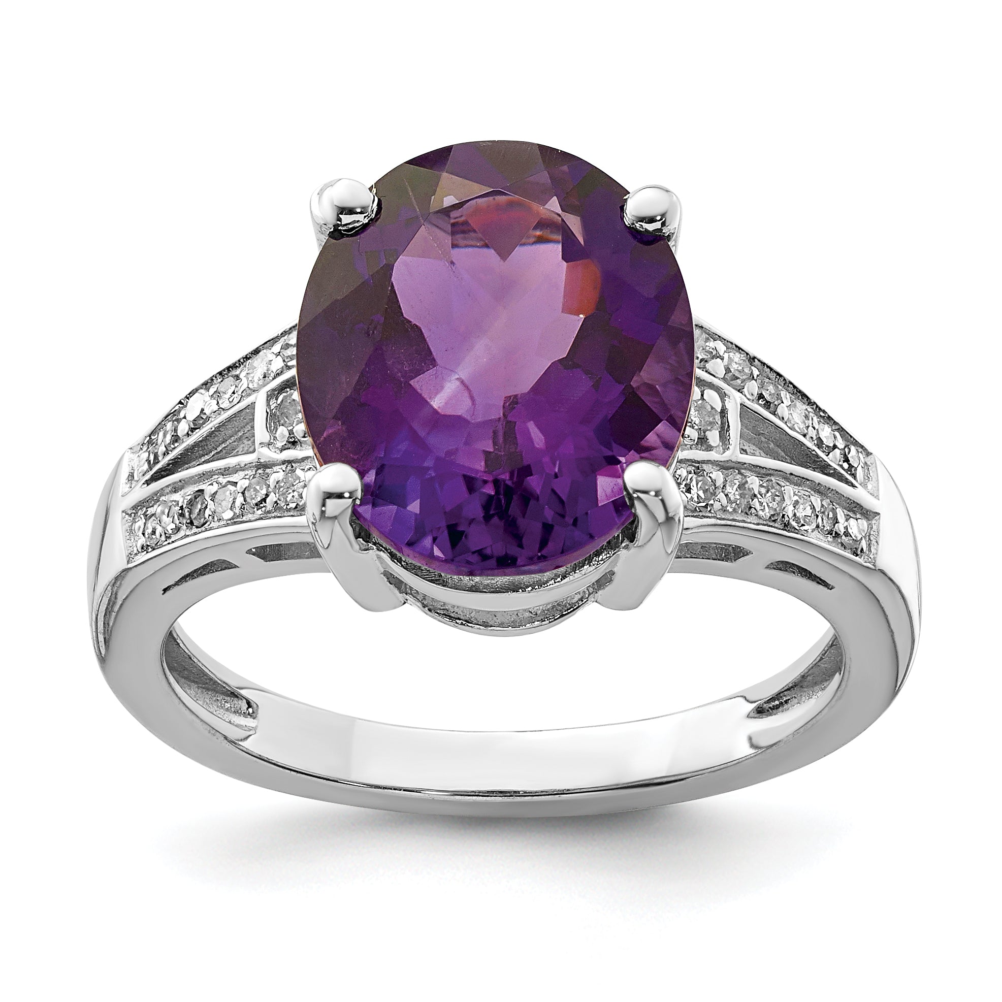 Sterling Silver Rhodium-plated Oval Amethyst & Diamond Ring