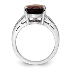 Sterling Silver Rhodium Oval Smoky Quartz & Diamond Ring