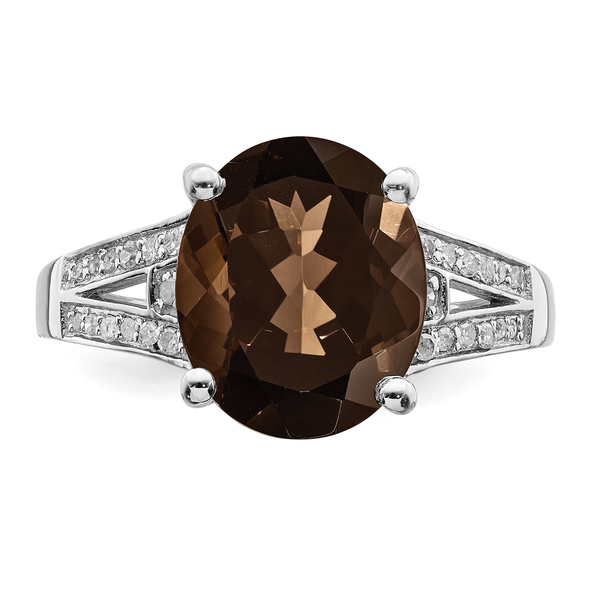 Sterling Silver Rhodium Oval Smoky Quartz & Diamond Ring