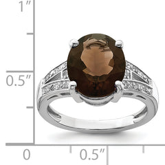 Sterling Silver Rhodium Oval Smoky Quartz & Diamond Ring