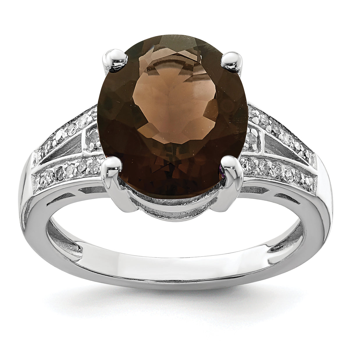 Sterling Silver Rhodium Oval Smoky Quartz & Diamond Ring