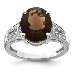 Sterling Silver Rhodium Oval Smoky Quartz & Diamond Ring