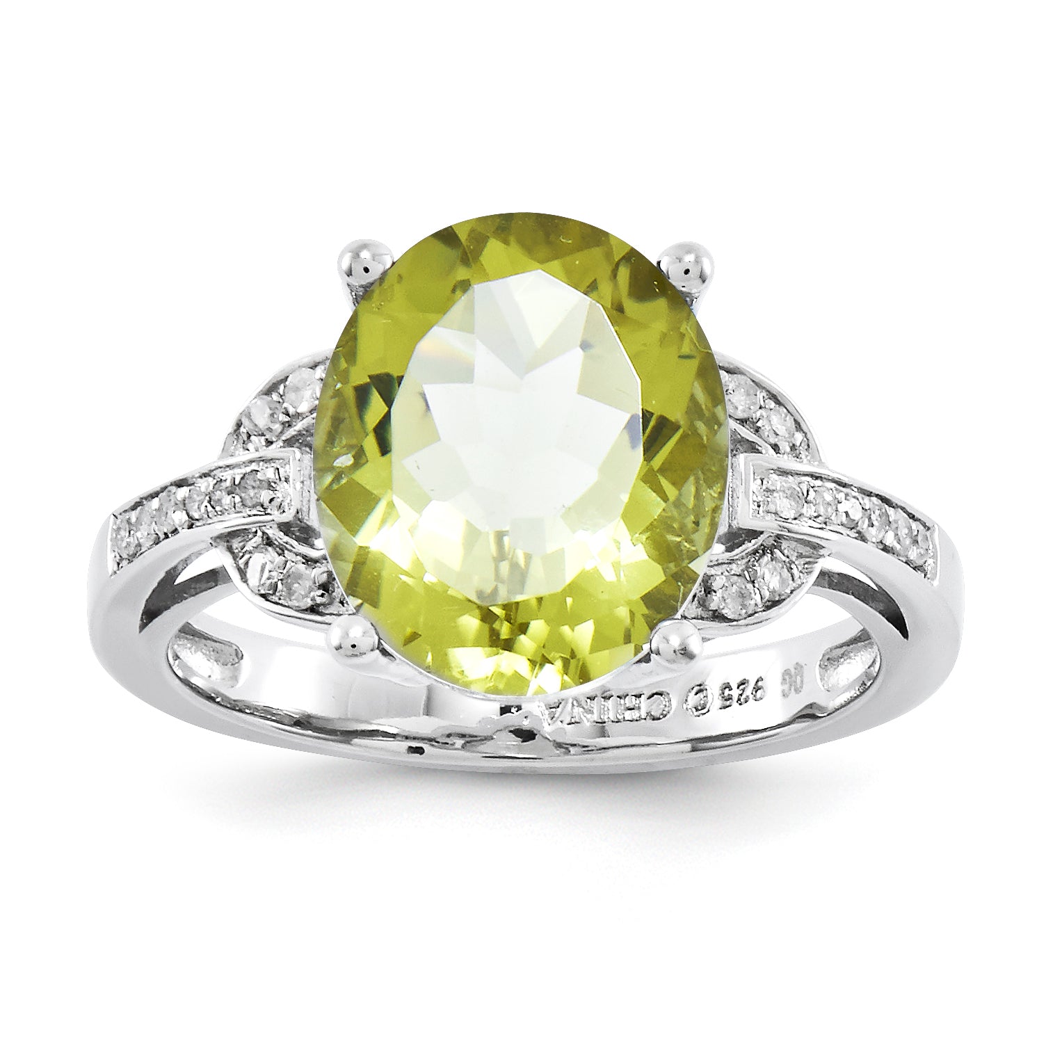 Sterling Silver Rhodium-plated Oval Lemon Quartz & Diamond Ring