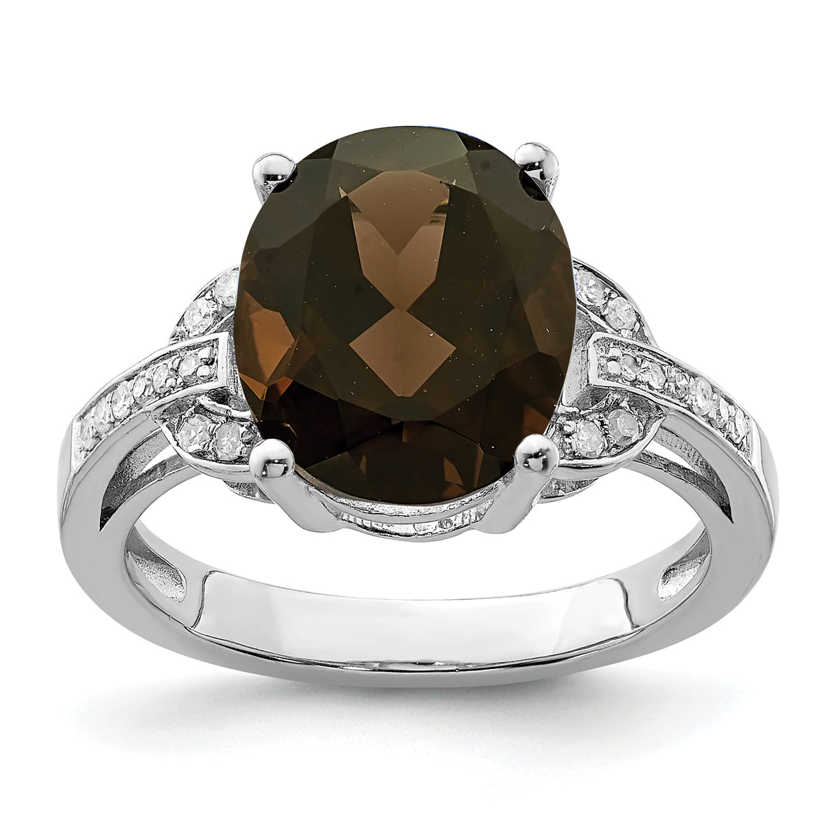 Sterling Silver Rhodium Smoky Quartz & Diamond Ring