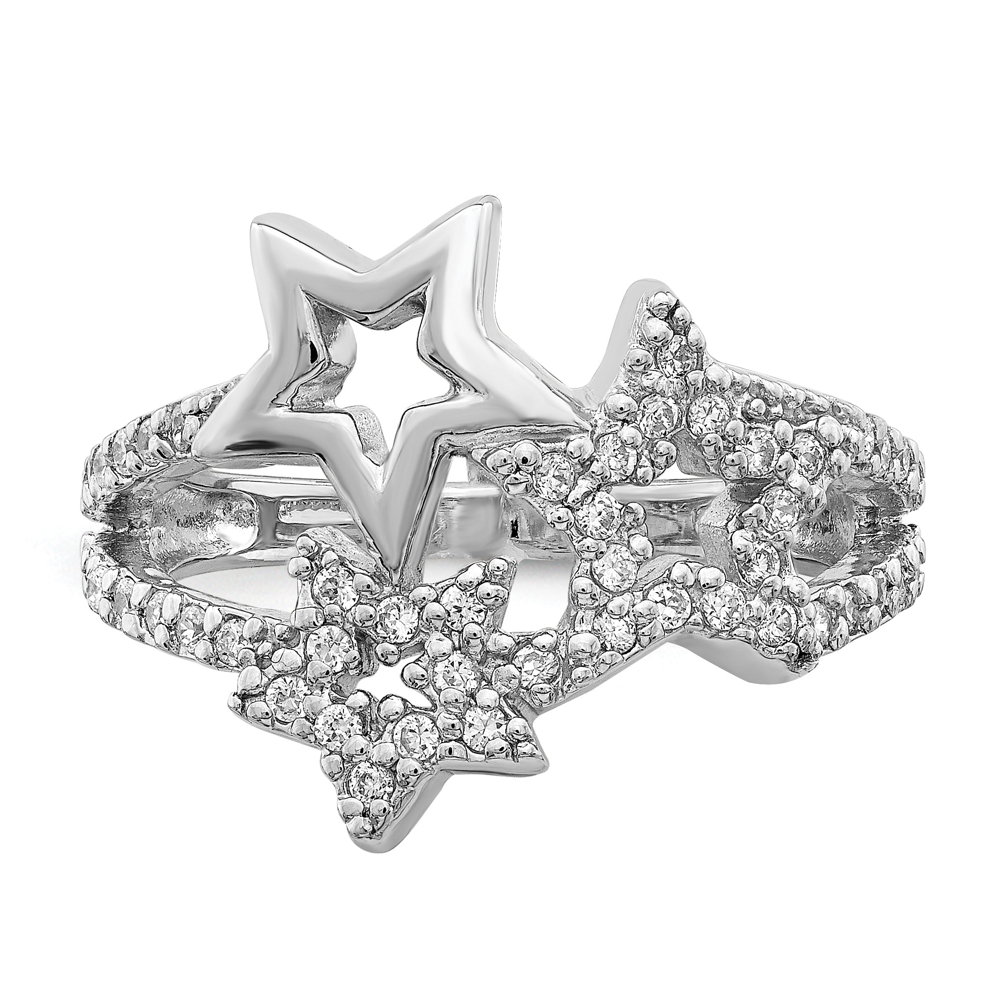 Sterling Silver Rhodium Plated CZ Triple Star Ring