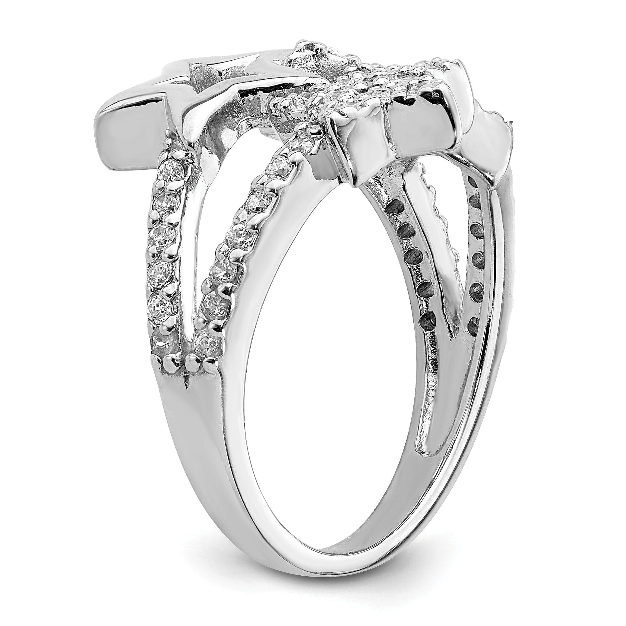 Sterling Silver Rhodium Plated CZ Triple Star Ring