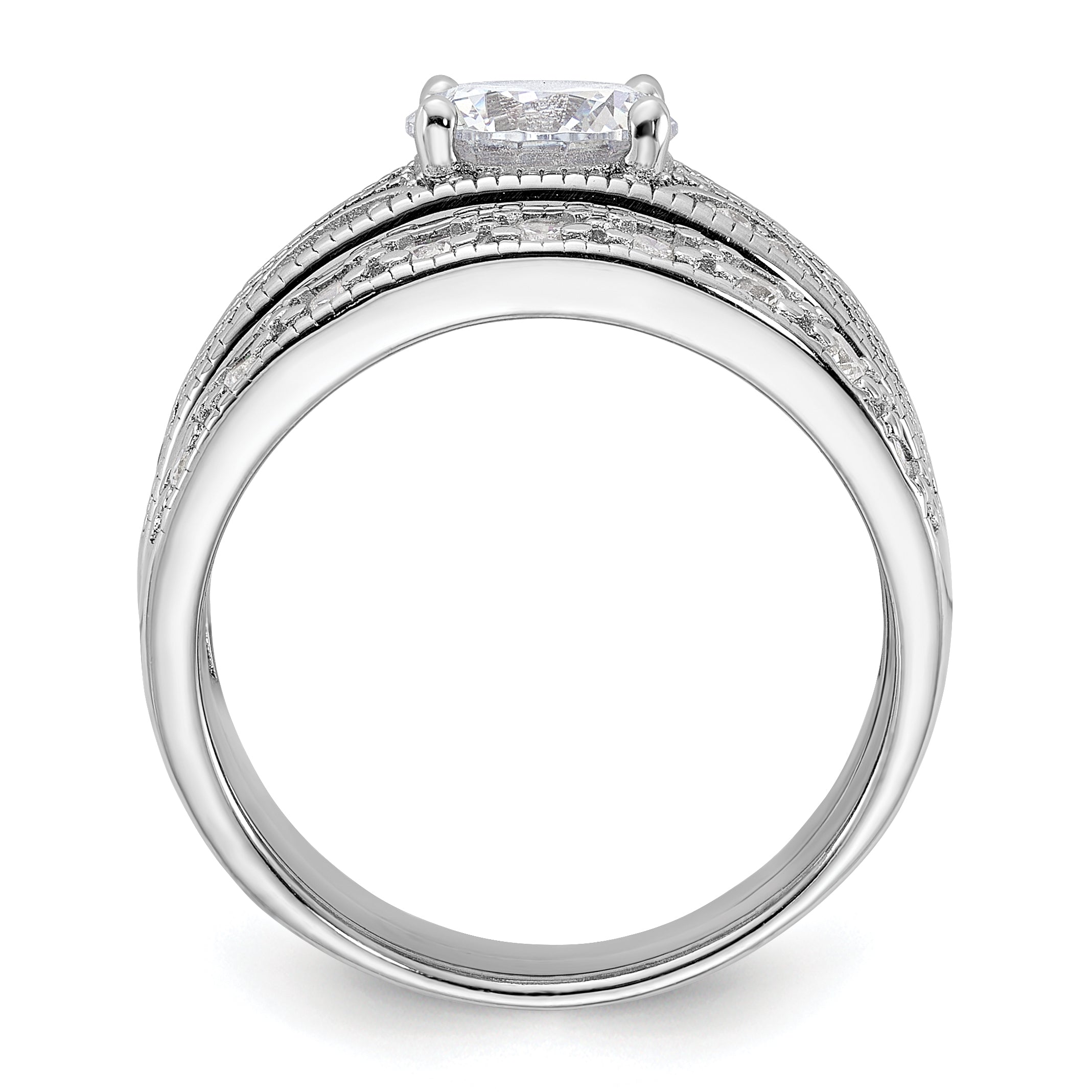 Sterling Silver Rhodium-plated Round CZ Center Wedding Ring Set