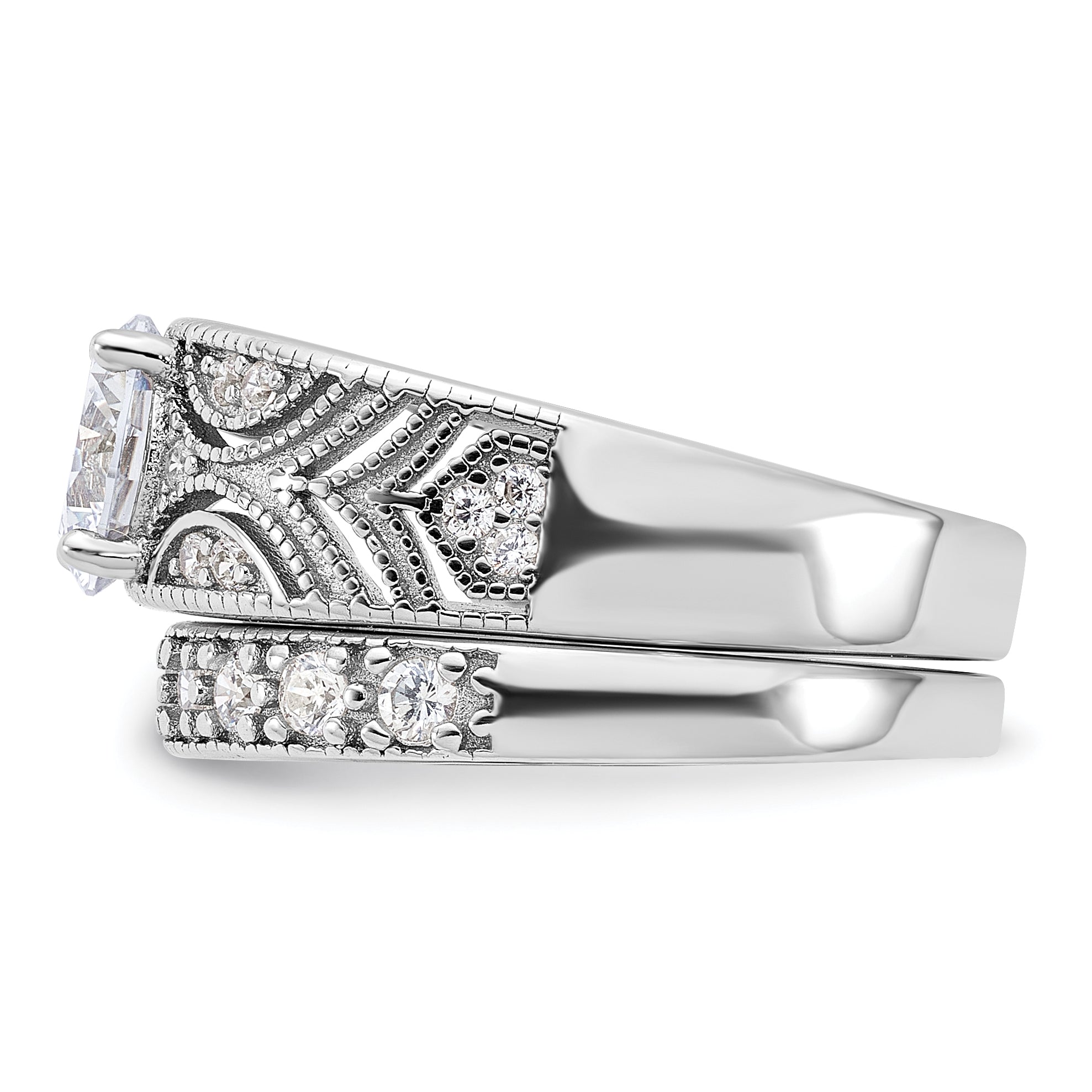 Sterling Silver Rhodium-plated Round CZ Center Wedding Ring Set