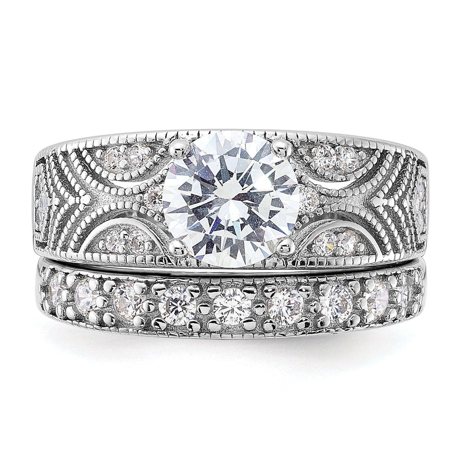 Sterling Silver Rhodium-plated Round CZ Center Wedding Ring Set