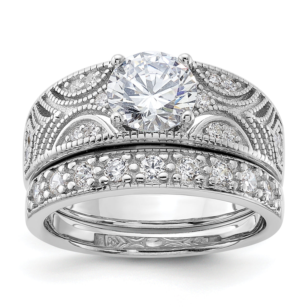 Sterling Silver Rhodium-plated Round CZ Center Wedding Ring Set