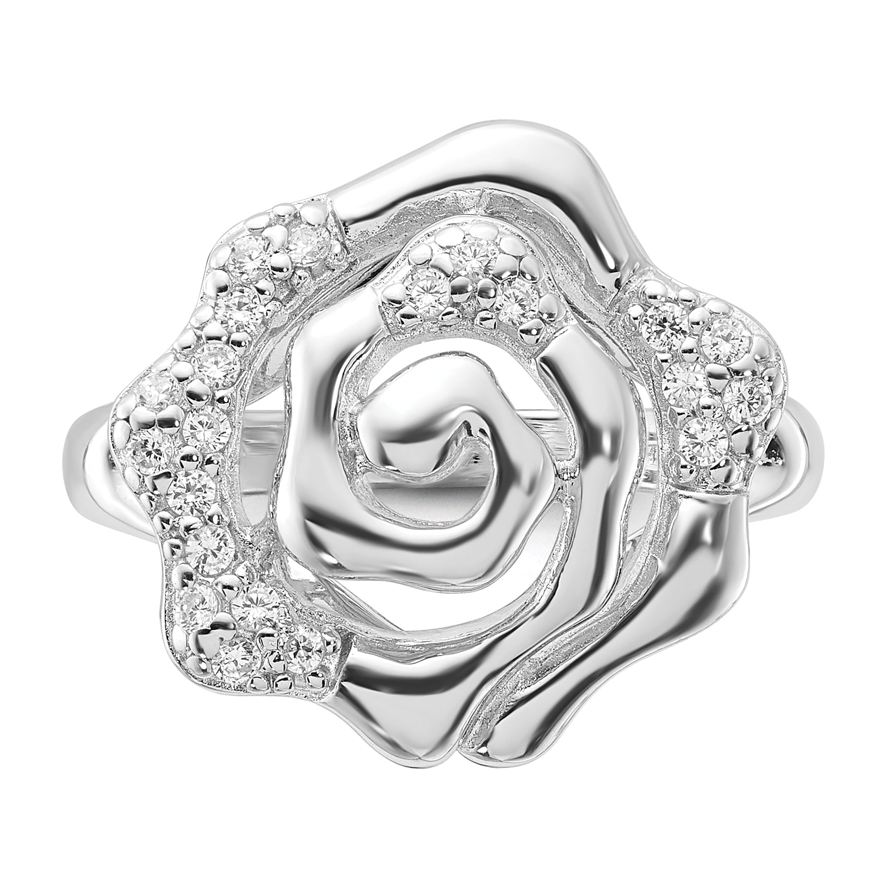 Sterling Silver Rhodium Plated CZ Rose Ring