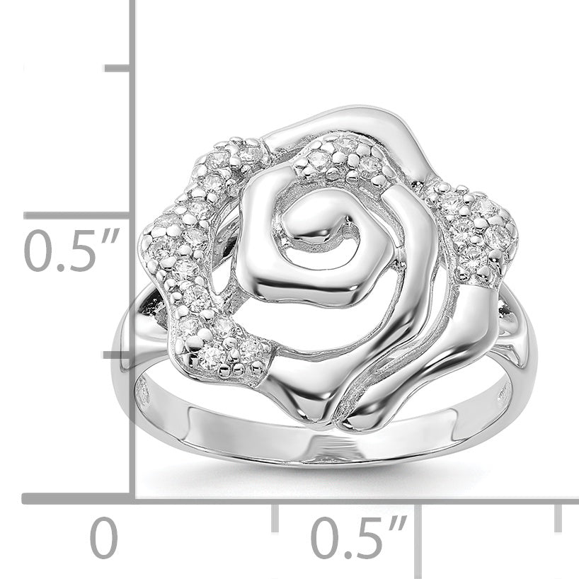 Sterling Silver Rhodium Plated CZ Rose Ring