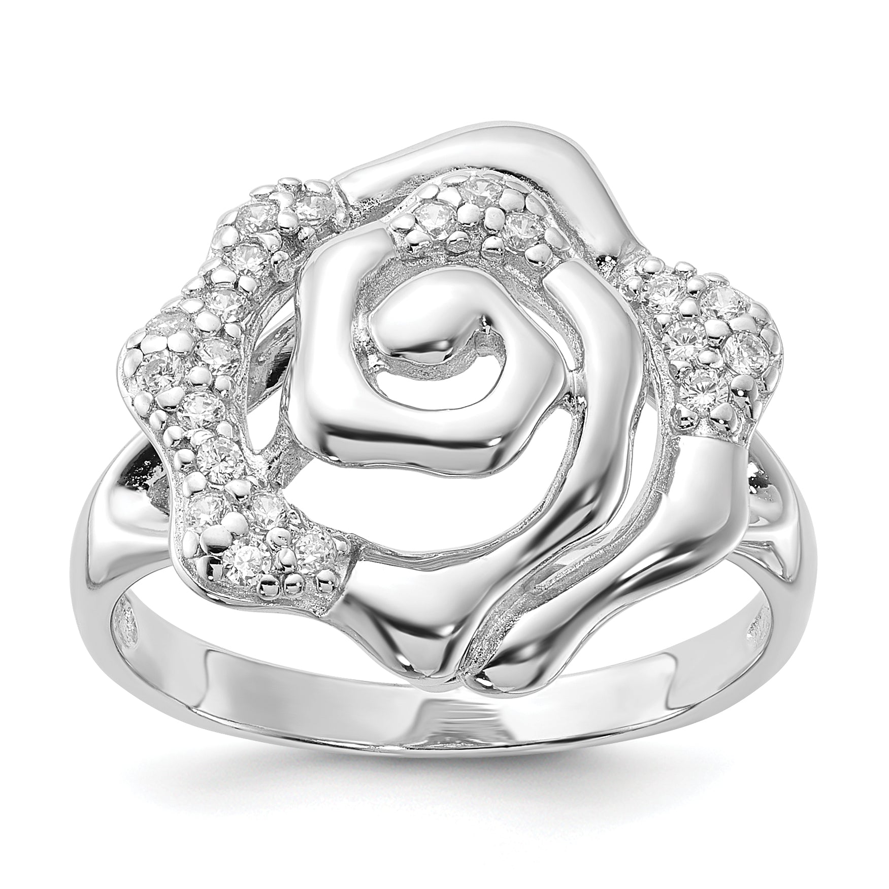 Sterling Silver Rhodium Plated CZ Rose Ring